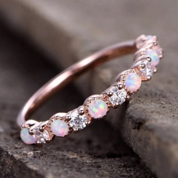NEW 18K Rose Gold Diamond Opal Eternity Ring - Picture 3 of 5